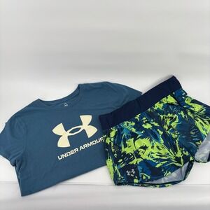 Under Armour Workout Set Women Large Blue Lime Green Excellent Graphic Tee Short